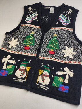 VTG Bobbie Brooks Woman's XL Black Christmas Snow Tree Beaded Cardigan Vest